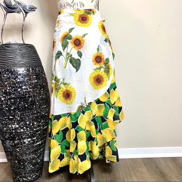 Farm Rio Mixed Print Sunflower Linen Wrap Skirt - Picture 5 of 6